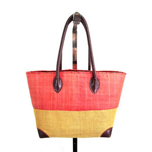 Le Voyage en Panier Medium Size Pink & Brown Straw & Leather Tote Handbag